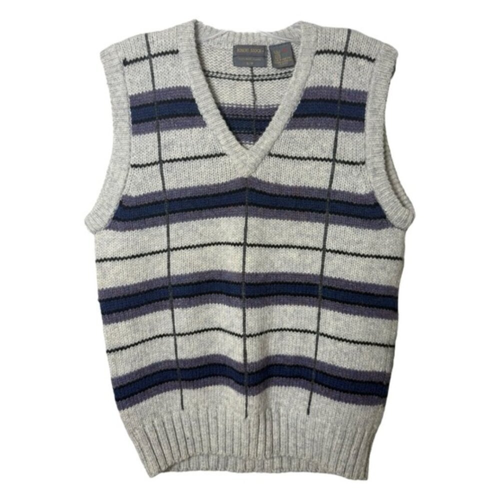 Vintage Wool Striped Sweater Vest Size Small Grey Blue Purple 80s Deadstock NWT
